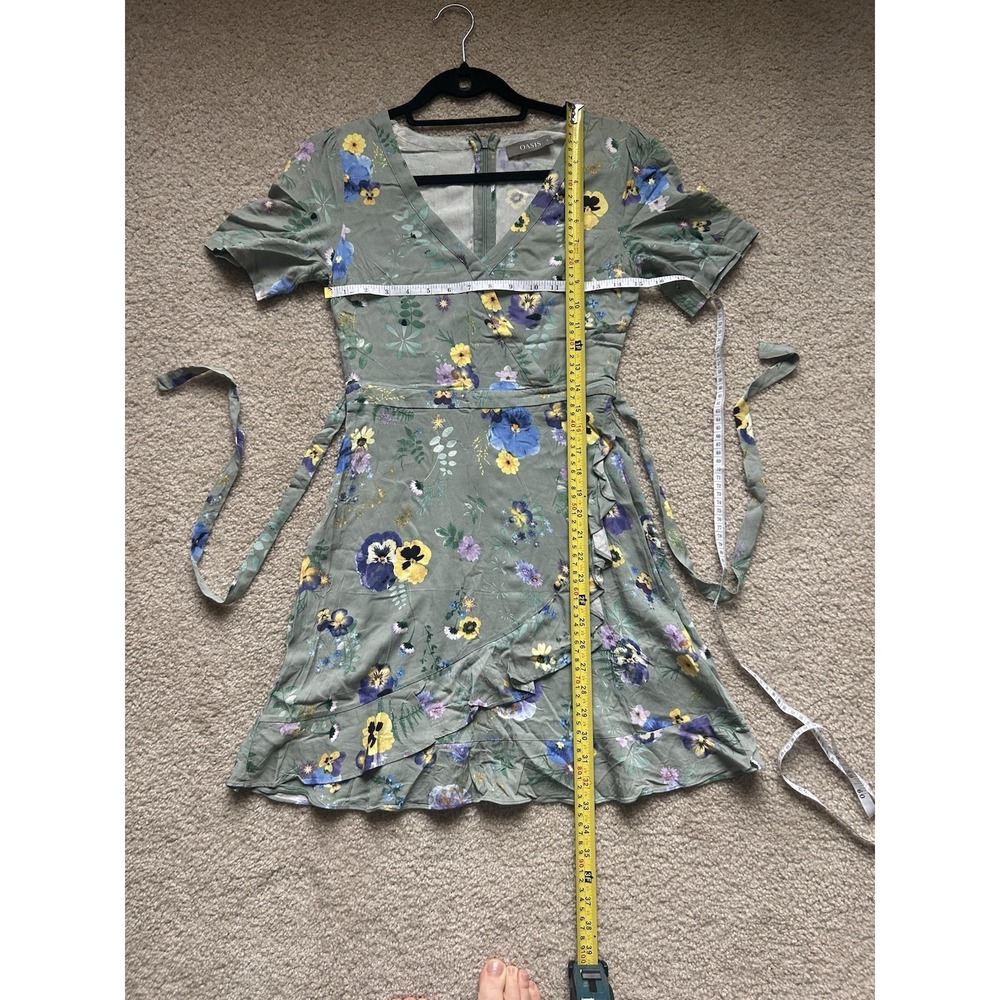 Y2K V-neck short sleeves wrap style ruffled hem Green floral pattern Dress Sz S - Picture 4 of 9
